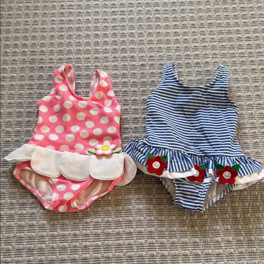 Florence Eiseman Pink Polka Dot and Blue Striped Kids Swim One Piece